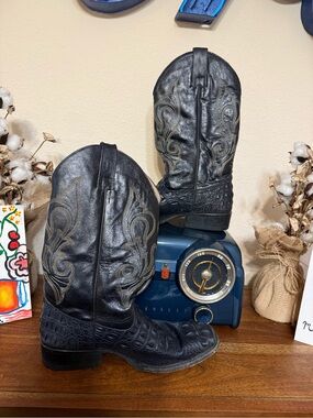 Veari Black Croc Embossed Cowboy Boots Mens Western Leather Square Toe Exotic